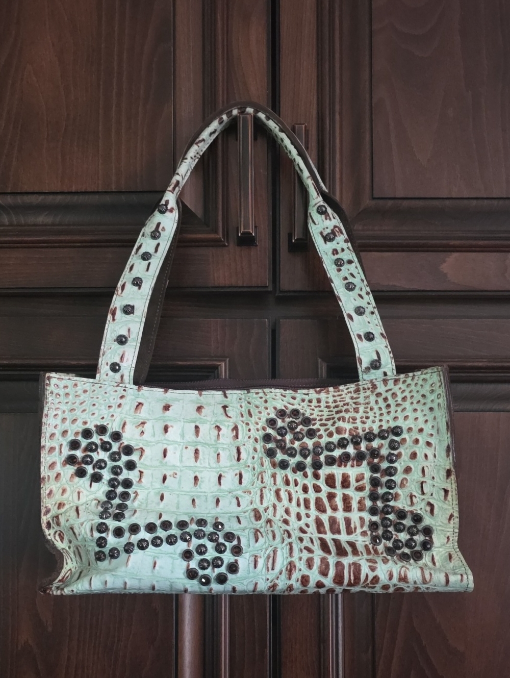 Mint Green Croc-Embossed Studded Shoulder Bag